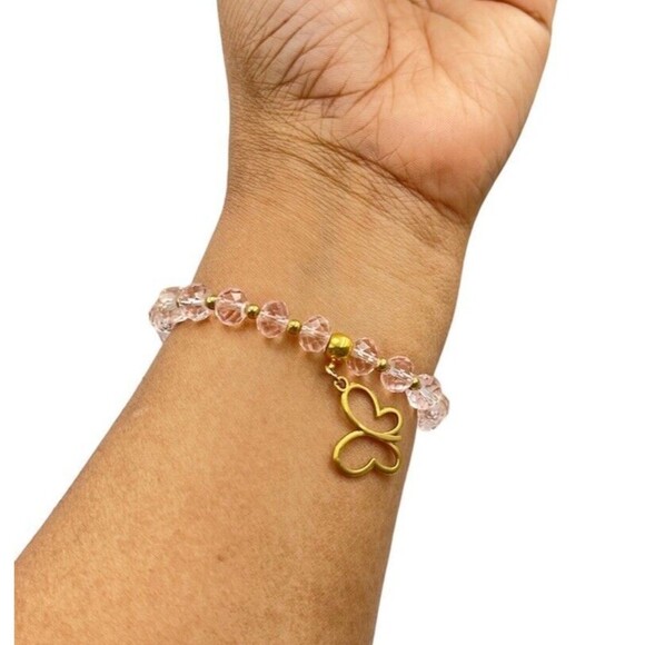 Handmade Jewelry - Women Pink Cristal Bracelet Beads With Metal Butterfly Gold Tone